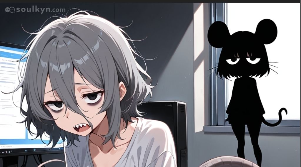 Tired anime girl working late, but the real star is the ominous mouse silhouette judging her from the windowsill. AI was asked for 'cozy late-night vibes' and added a cryptid observer. The mouse has better posture than she does.
