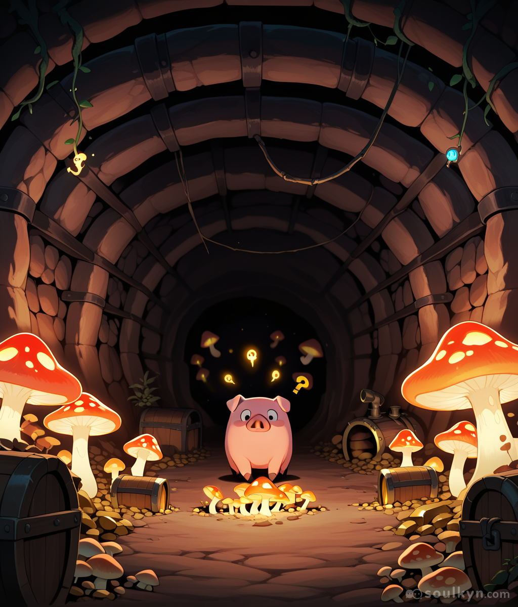 This pig walked into a Mario level and said 'I live here now.' Mushrooms, coins, treasure chests, question marks - everything except an explanation for why a pig is the protagonist. It's-a me, Porkio.