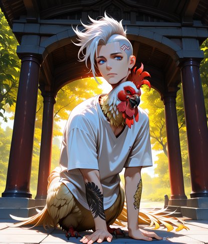 AI was told 'add subtle avian features' and went full cock-for-brains instead. Literally. That's a rooster head on an anime girl and I have questions the universe can't answer.