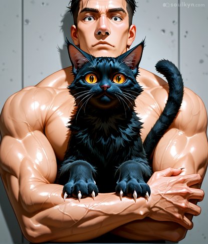 Prompt said 'hot guy with a cat.' AI heard 'vinyl action figure holding taxidermy.' That skin has more gloss than a car dealership showroom floor.