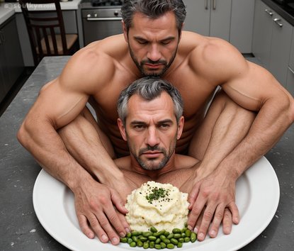 Two shirtless dads hovering over a plate of mashed potatoes like it's a ritual sacrifice - the composition screams 'romantic dinner' but delivers 'cursed family portrait' instead
