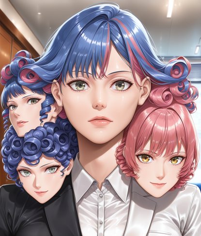 Three anime girls in school hallway but breasts and nipples FULLY visible through blazers - AI's idea of 'professional attire' includes see-through everything