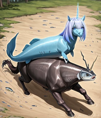 Blue fish-unicorn riding a horse with a fish head. Somewhere an evolutionary biologist is screaming