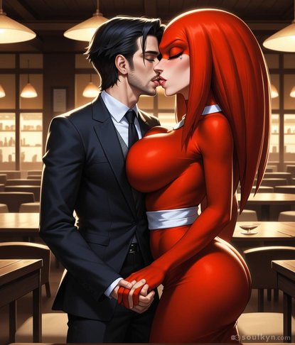 Romantic dinner date where she defies every law of anatomy and gravity simultaneously - his suit is perfect but her proportions escaped to another dimension