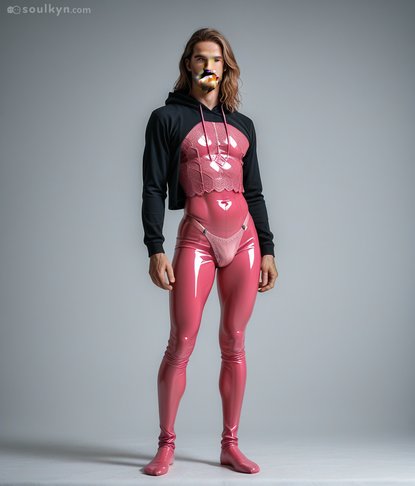 Latex bodysuit with Christmas hearts, pixelated face mask, and a hoodie. AI's idea of 'festive casual' is... concerning