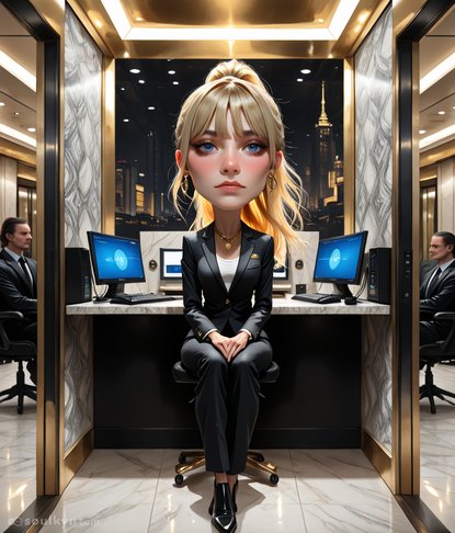 Asked for 'powerful businesswoman.' Got a CEO whose office has more gold than Fort Knox, marble floors, and monitors that say SYSTEM STATUS like she's commanding a space station. AI watermarked itself 'souky.com' because even it knows this isn't quite right.