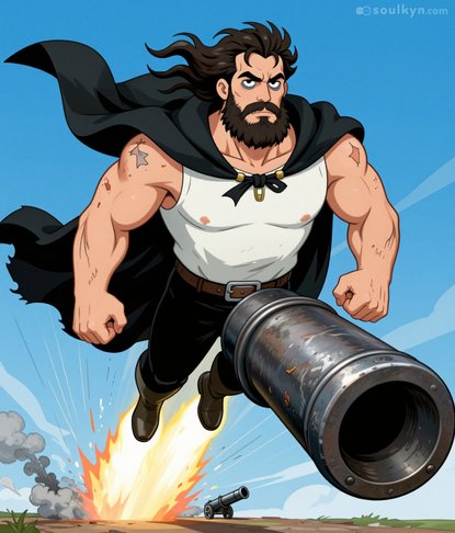 Man fires himself out of cannon — or IS the cannon? That metal tube growing out of his hip is giving 'I am become weapon' energy. The hand melted into the barrel is a nice touch. Somewhere a physics teacher is crying.