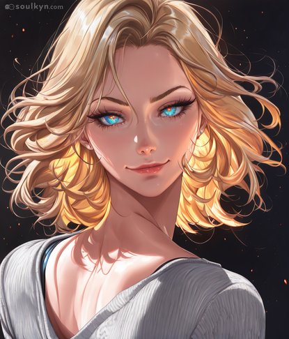 She looks normal until you notice the GLOWING DEMON EYES. Prompt was probably 'cute blonde' and AI added 'but possessed by eldritch entity' for free. The sparks in the background suggest she's about to either sneeze or destroy a village.