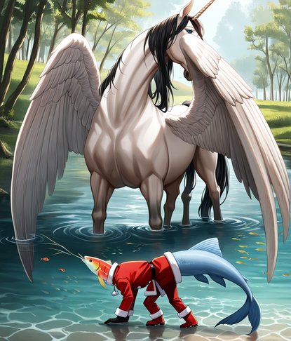 AI prompt: 'magical Christmas scene' - AI delivery: fish-headed Santa bowing to a unicorn in a pond. Close enough?