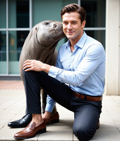 Man posing with his emotional support walrus in business casual. The walrus is leaning in for a tender cheek nuzzle. This is either the world's best dating profile or the world's weirdest one.