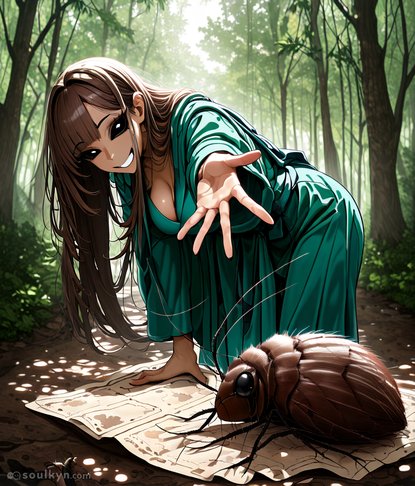 Fantasy druid communing with nature, except the beetle is the size of a dog and she seems REALLY into it. The crumpled map suggests they've been on an adventure together. I ship it.