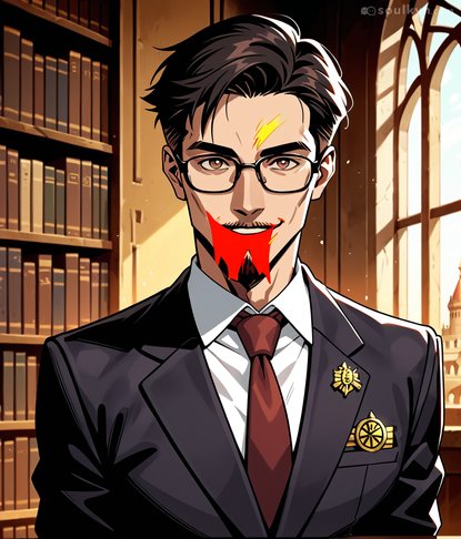 Professional businessman meets demon tongue energy - that scar says 'chosen one' but that tongue says 'the chosen one got cursed.' Formal attire cannot contain this chaos.