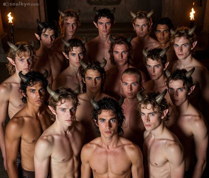 AI generated 16 identical shirtless demon twinks and called it a dungeon party. Same face, same horns, same confused expression. Ctrl+C, Ctrl+V energy in torch-lit formation.