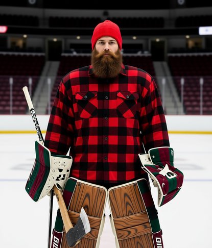 Hockey equipment meets lumberjack energy meets 'wait why are the pads made of wood and why does he have an axe'