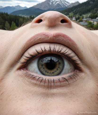 Extreme close-up of an eye with an entire mountain range in the background - AI's understanding of 'depth of field' is 'fuck the laws of optics'