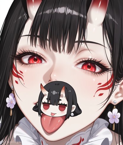 AI layered a chibi version of her over her own mouth like the world's most confusing face filter. Is she eating herself? Is this a sticker? Even the horns are confused.