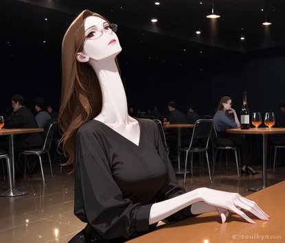 Woman at restaurant with head tilted back, eyes closed, and ENTIRE BODY visible from the waist down - dining etiquette took a fucking vacation, other patrons pretending this is normal