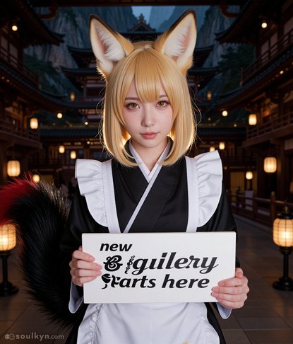 Fox maid holding a sign at a temple that says 'new & guilery farts here.' AI was so proud of itself. Prompt said 'gallery' but the model had other ideas. At least the ears are cute.