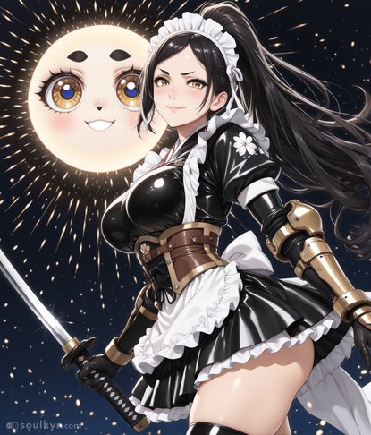 The katana says 'warrior.' The maid outfit says 'service.' The moon says 'I SAW EVERYTHING AND I APPROVE.' At least someone's having a good time.