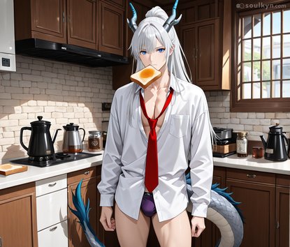 Demon boy in his underwear eating toast like he doesn't have horns, a tail, and zero pants. The breakfast of champions if your champion was summoned from the ninth circle to make coffee at 7 AM.