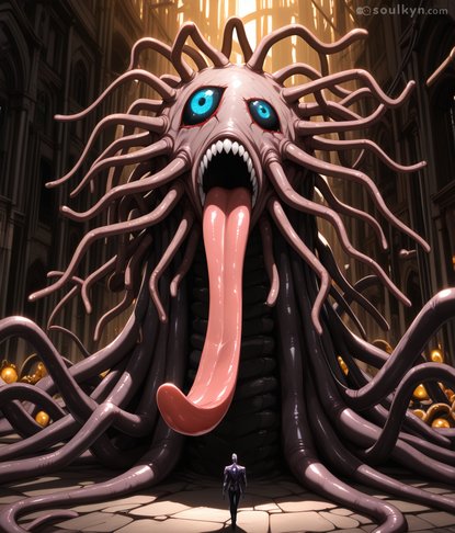 Prompt: 'fearsome cathedral monster' — AI: 'What if we made it look like it's about to sneeze but also maybe lick the entire building?' The tiny human really puts the absurdity into scale.