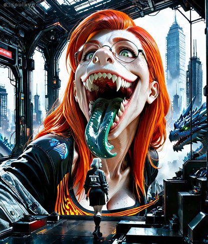 Attack on Titan but the titan shops at Hot Topic. Giant redhead with a forked tongue screaming at a tiny anarchist while a dragon supervises. AI said 'scale? never heard of her.'