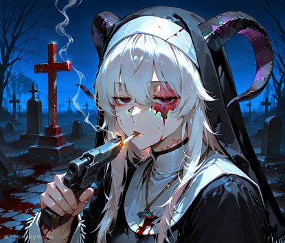 Demon girl smoking a cigarette while holding a revolver to her mouth in a cemetery. AI went 'edgy goth aesthetic' but couldn't decide between badass and concerning, so it gave us both. The blood, the horns, the crucifix necklace - this is what happens when you ask for 'dark and moody' without specifics.