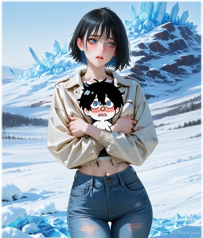 Winter landscape photoshoot with mysterious blue crystals everywhere, but the real mystery is the cartoon character she's clutching to her chest. Dude has spiky hair, looks shocked, and appears to have no limbs or anatomy below the neck. AI's 'cute accessory' interpretation went full abstract.