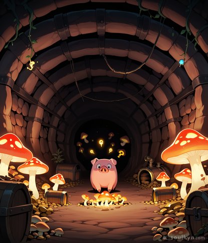 This pig walked into a Mario level and said 'I live here now.' Mushrooms, coins, treasure chests, question marks - everything except an explanation for why a pig is the protagonist. It's-a me, Porkio.