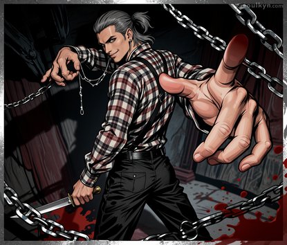 Silver fox grandpa wrapped in chains with a knife and a smirk. AI was asked for 'tough guy' and delivered someone's kinky uncle at a Halloween party. The blood splatters really sell the 'I cook dinner aggressively' vibe.